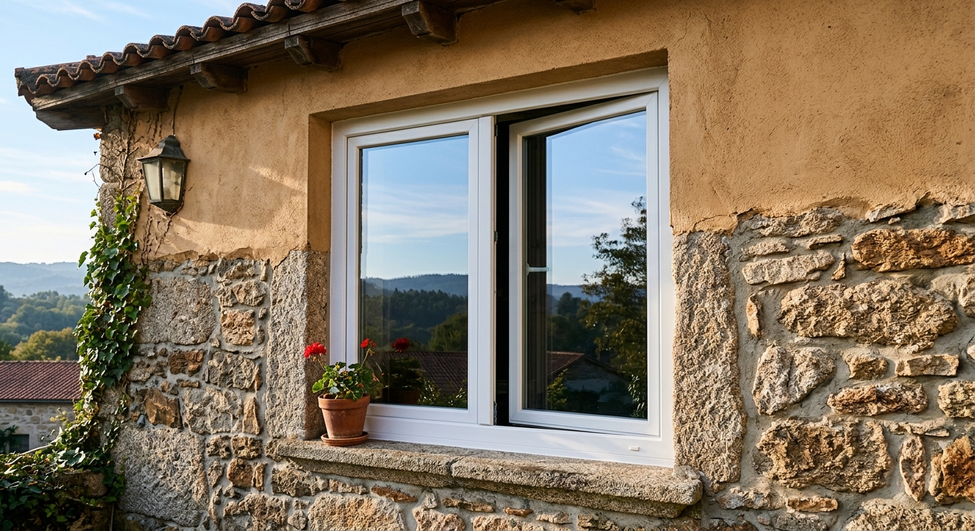 Ventana nueva de marco blanco vista desde el exterior, con cielo despejado al fondo