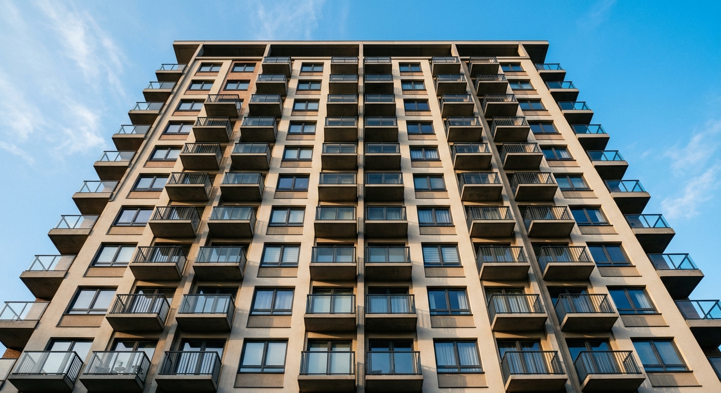 Fachada de bloque de viviendas con hileras regulares de ventanas y balcones