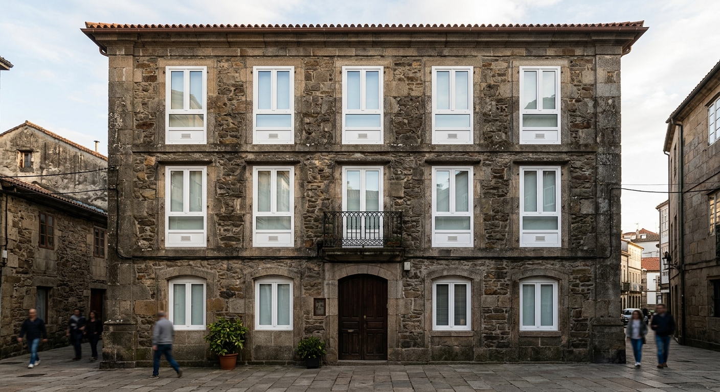Fachada de un edificio con varias ventanas nuevas de PVC