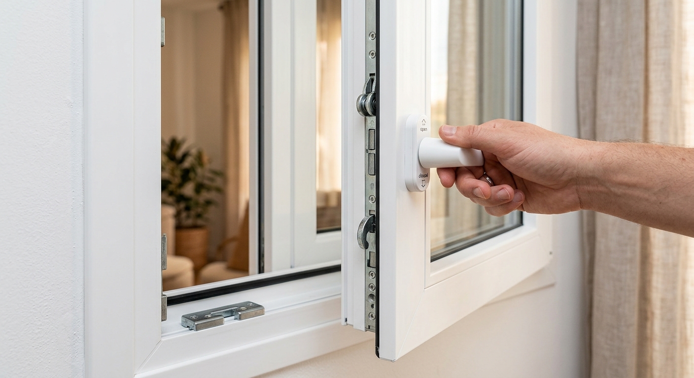 Detalle del herraje oscilobatiente de una ventana de PVC recién instalada