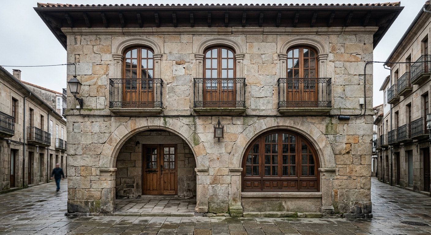 Fachada de piedra con ventanas de arco en un edificio histórico de Galicia