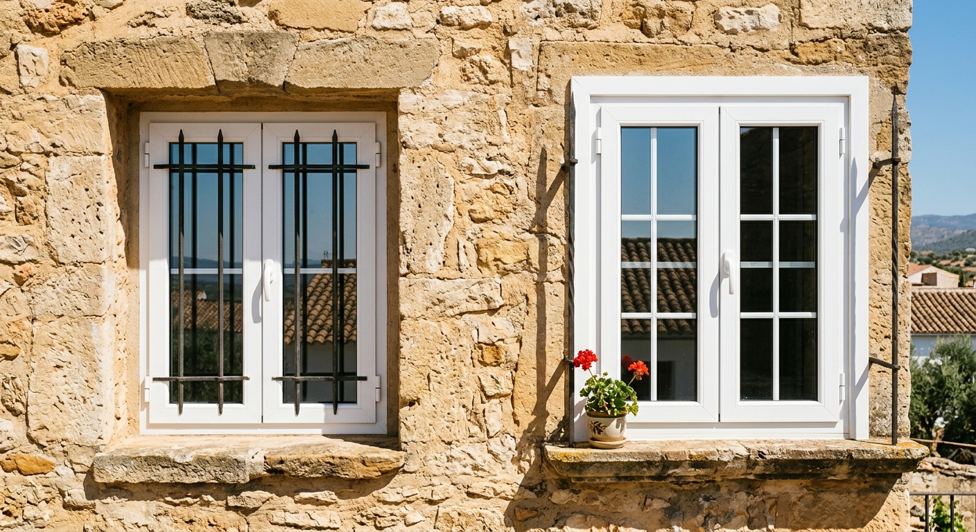 Ilustración: ventana blanca de perfil limpio con luz cálida de sol atravesando el cristal